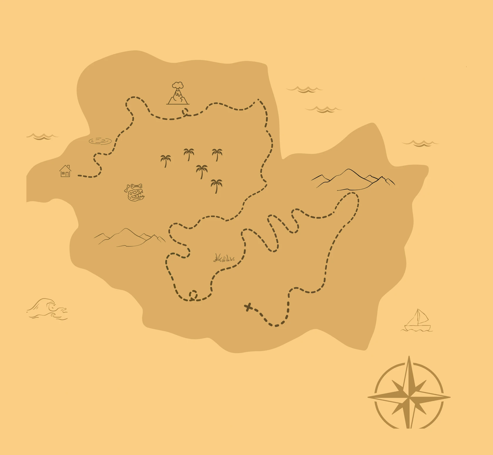Mapa do Guia Caçadores dos Sons: ilha ilustrada com trilha pontilhada, vulcão, montanhas, palmeiras, o X do tesouro e a rosa dos ventos.